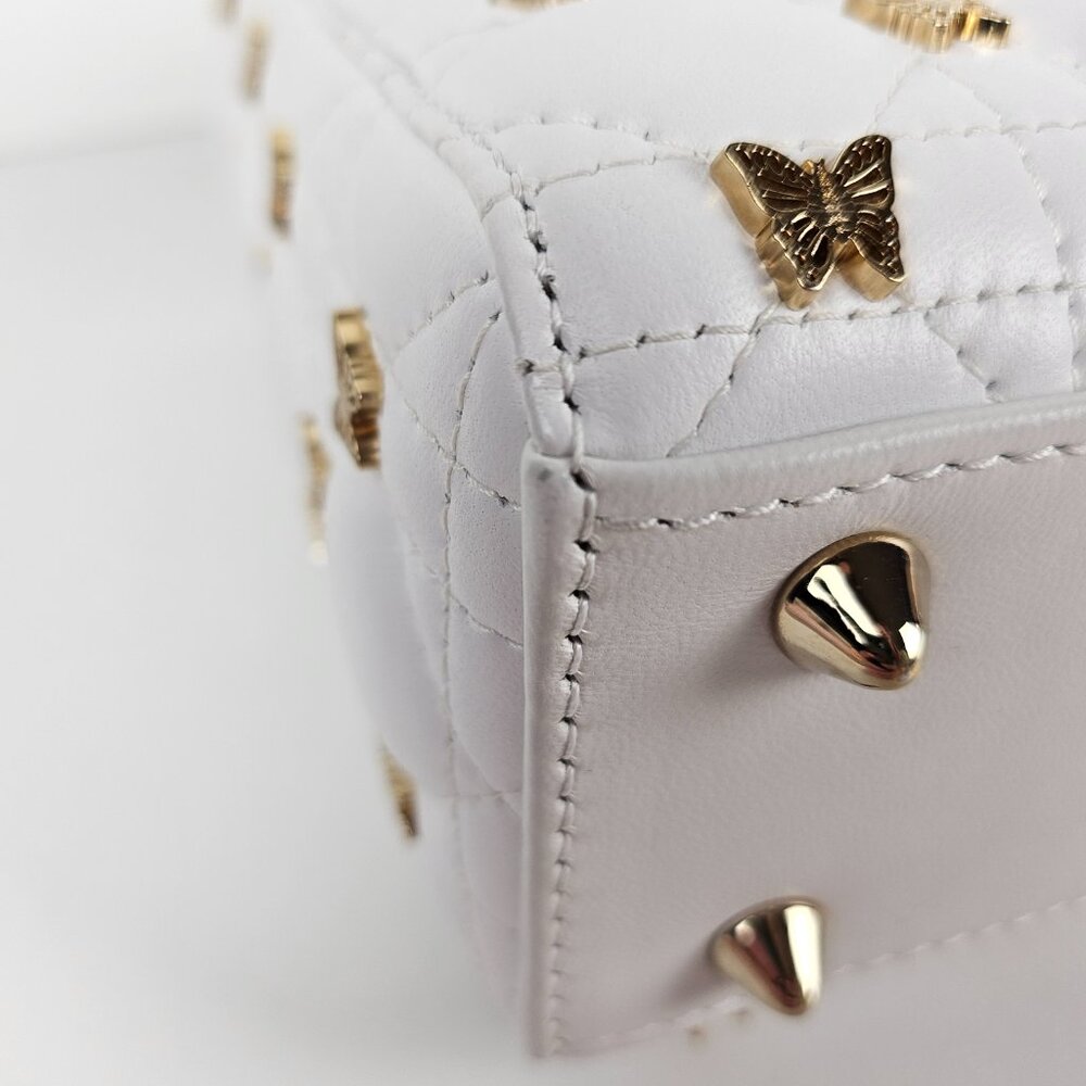 SOLD Dior Small Lady White Cannage Lambskin With Gold-Finish Butterfly Studs - Picture 9 of 13